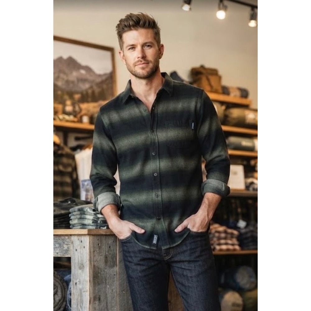 Ezekiel Mens Flannel Shirt Medium Green Black Striped Long Sleeve Button-Up
